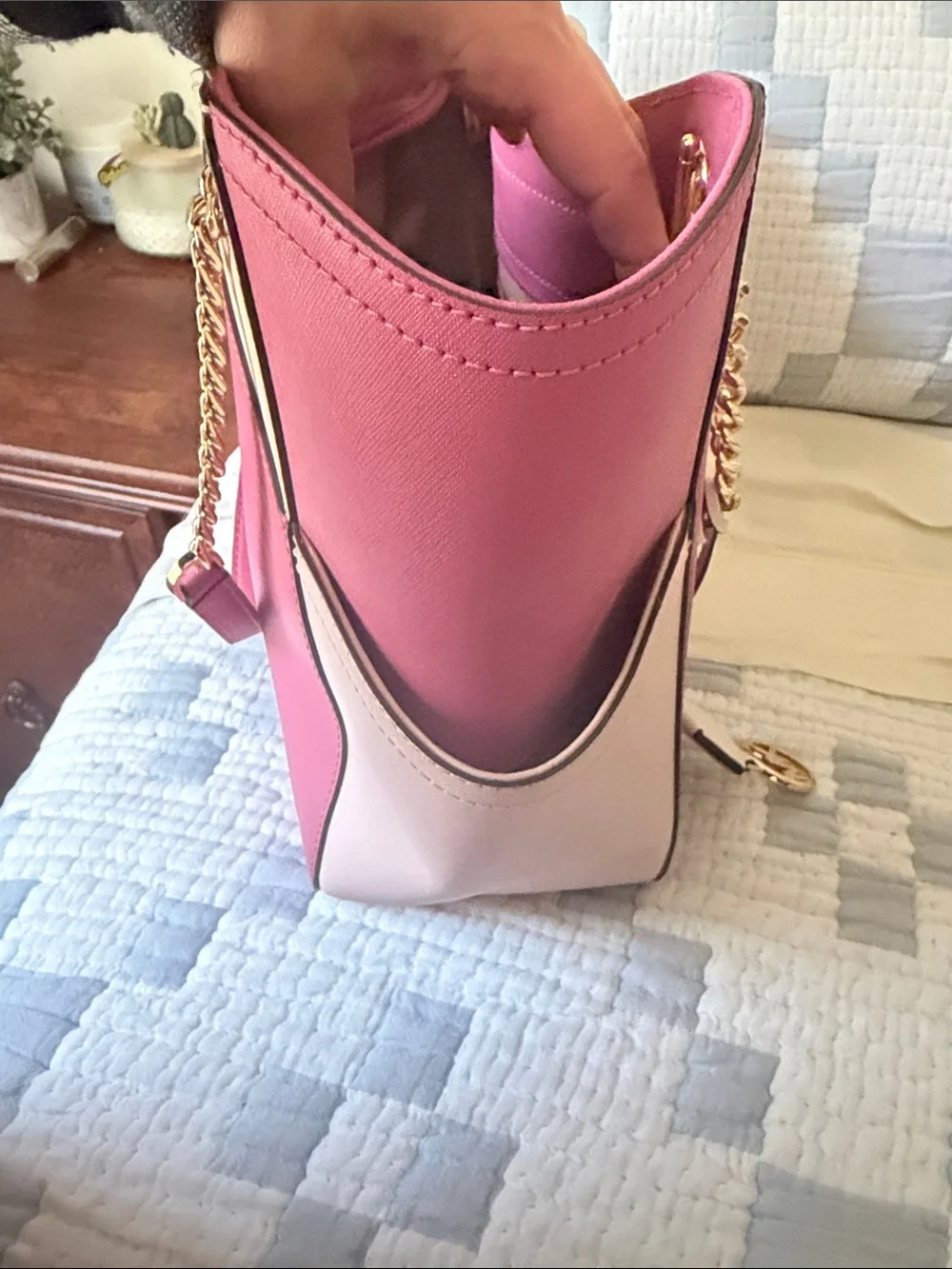 Michael Kors Fuchsia and Cream Colorblock Saffiano Leather Tote